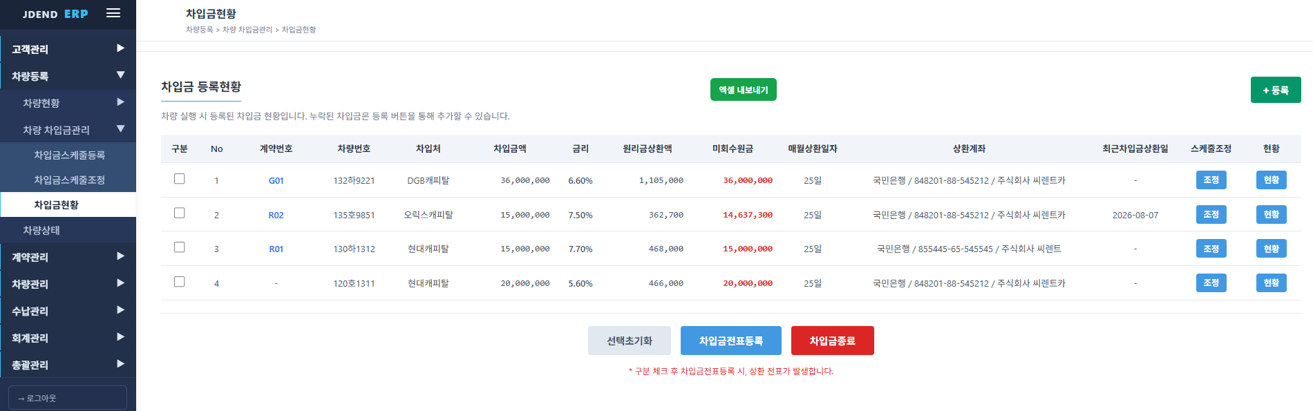 JDEND ERP 차량 차입금관리 실제 화면